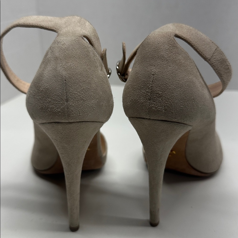 Prada Heels Suede Ankle Adjustable Strap Peep Toe High Heel Shoes Tan Cream 37.5 - Picture 4 of 11
